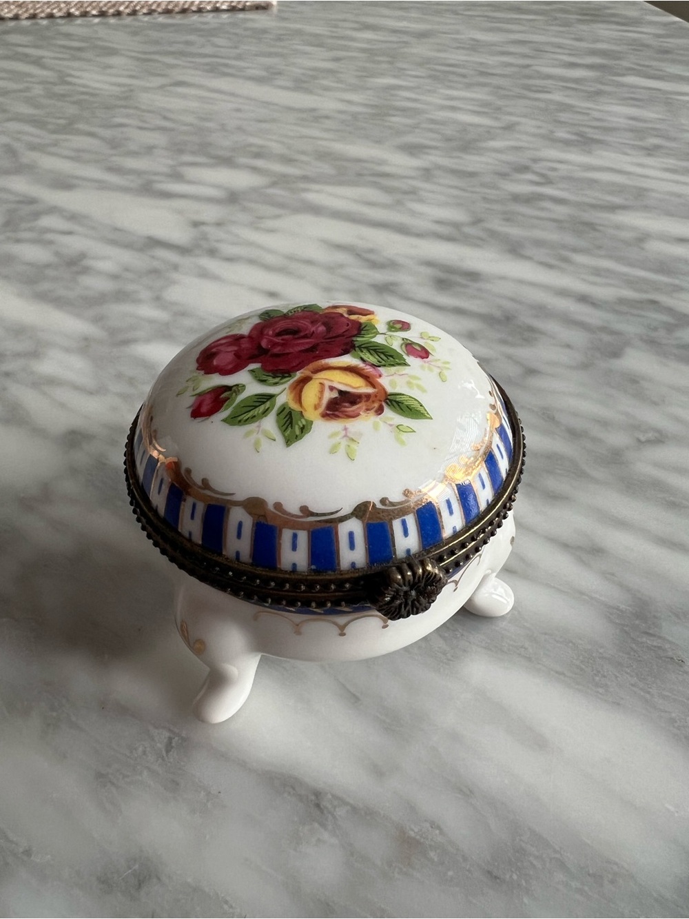 Floral Trinket Box with Gold Accents - White and Blue